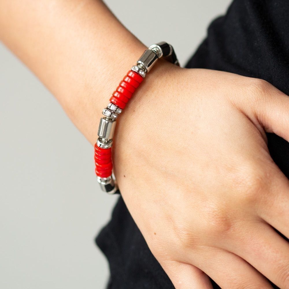 Red, silver bead and rhinestone stretchy bracelet